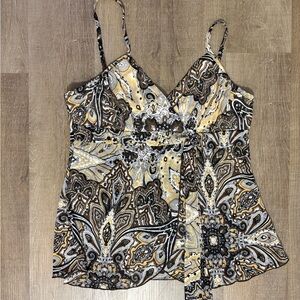 Source Unknown Yellow, Black, Cream & Brown Paisley Spaghetti Strap Camisole